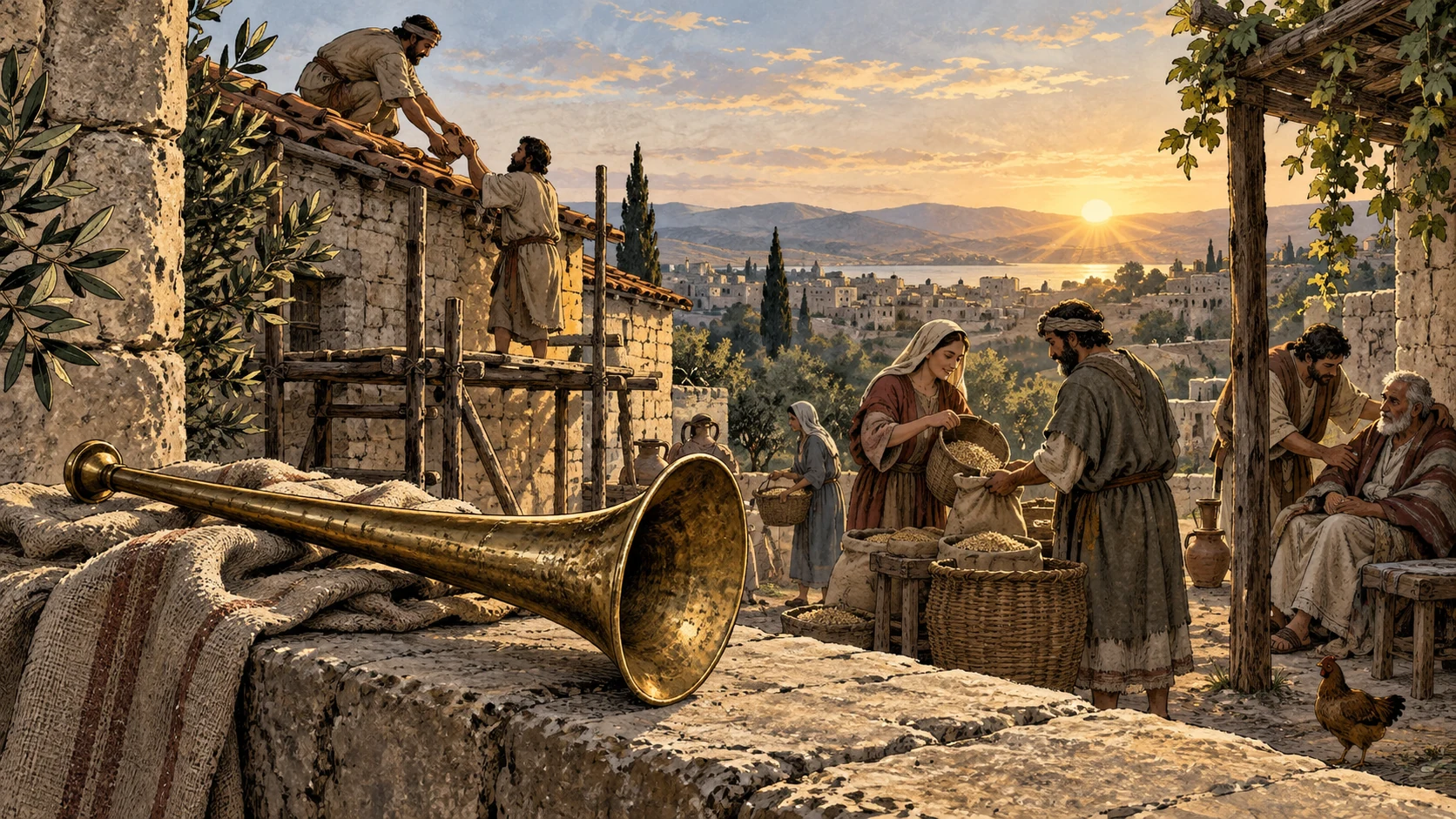 A trumpet rests beside ordinary people working and helping one another.