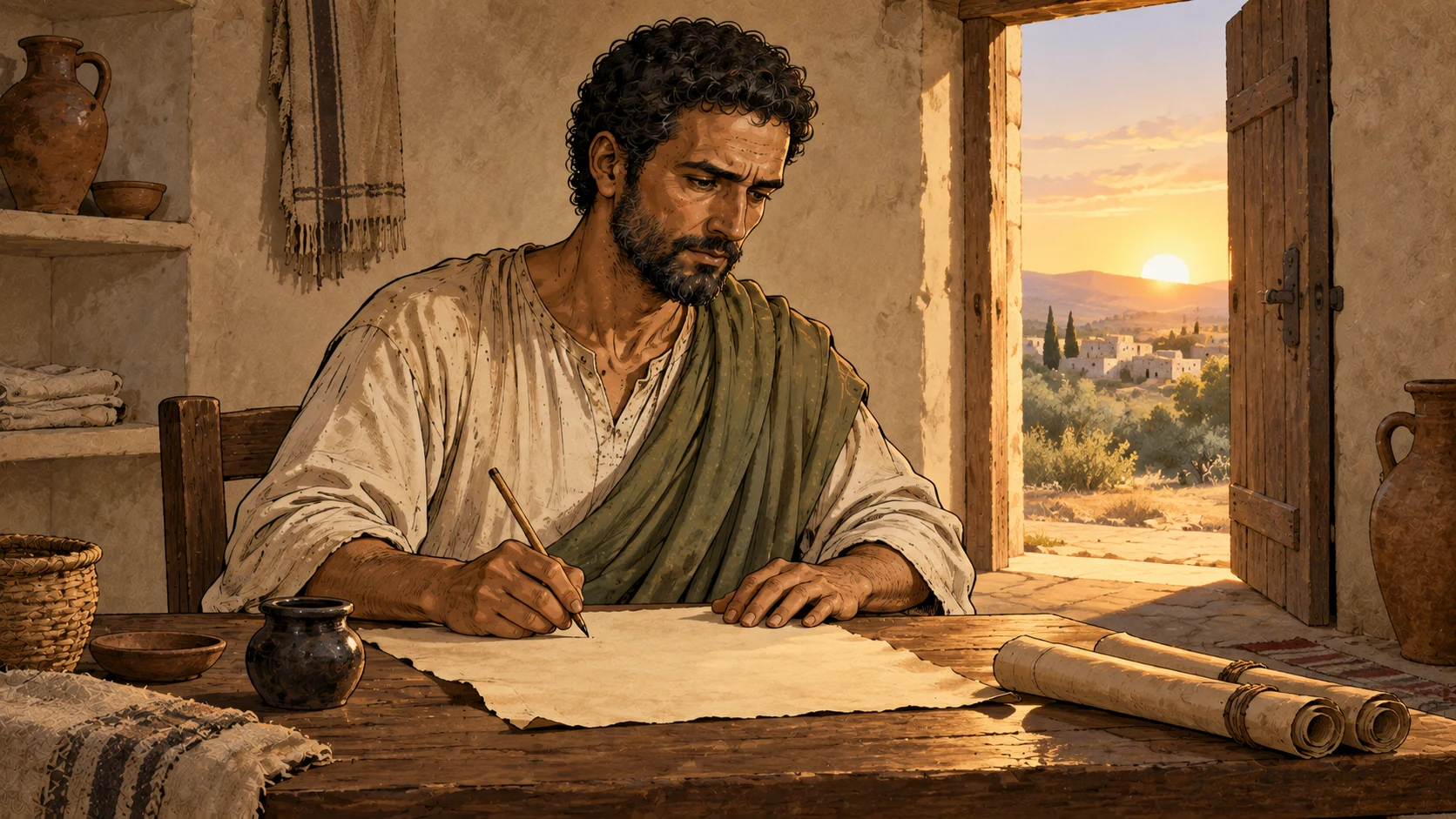 Paul writes a letter in a modest room.