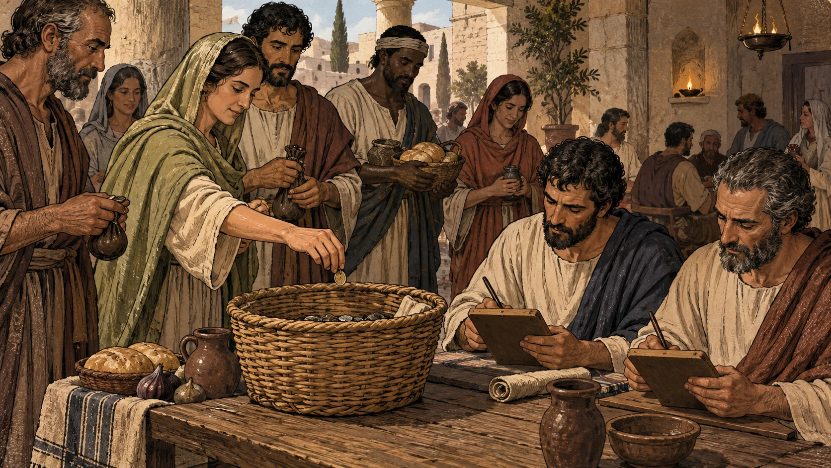 Believers contribute modest resources to a shared basket as trusted adults keep a record.