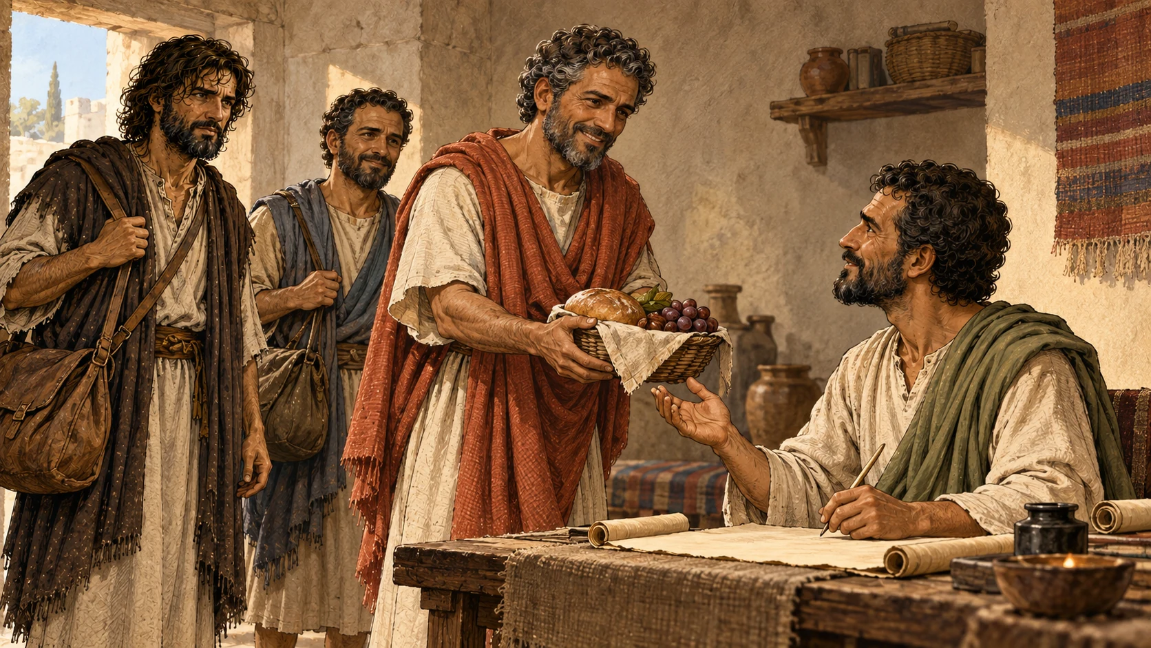 Stephanas and two companions arrive to encourage Paul as he writes.