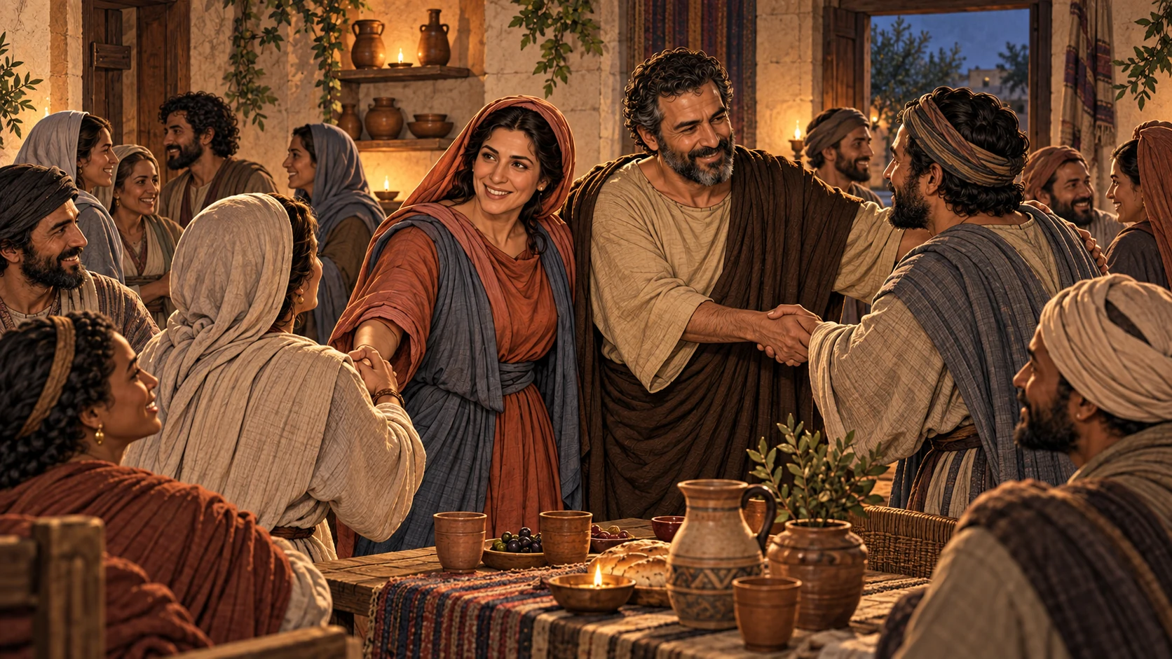 Prisca and Aquila greet members of the church gathered in their house.