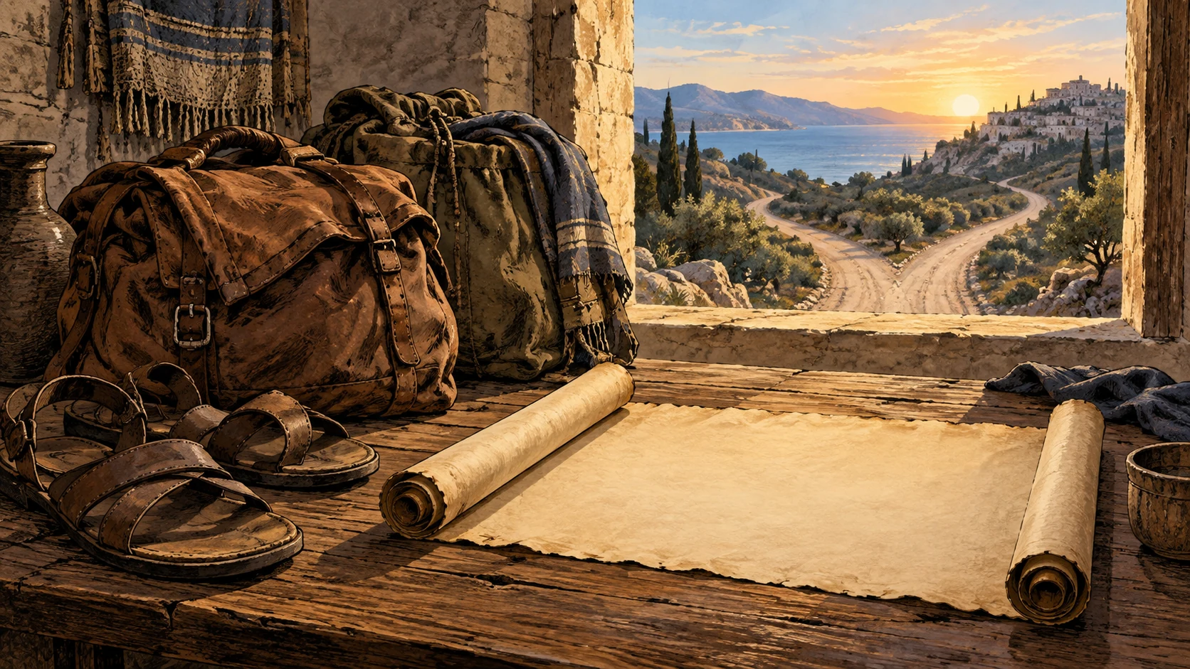 Travel bags and blank parchment rest by a window overlooking branching roads.