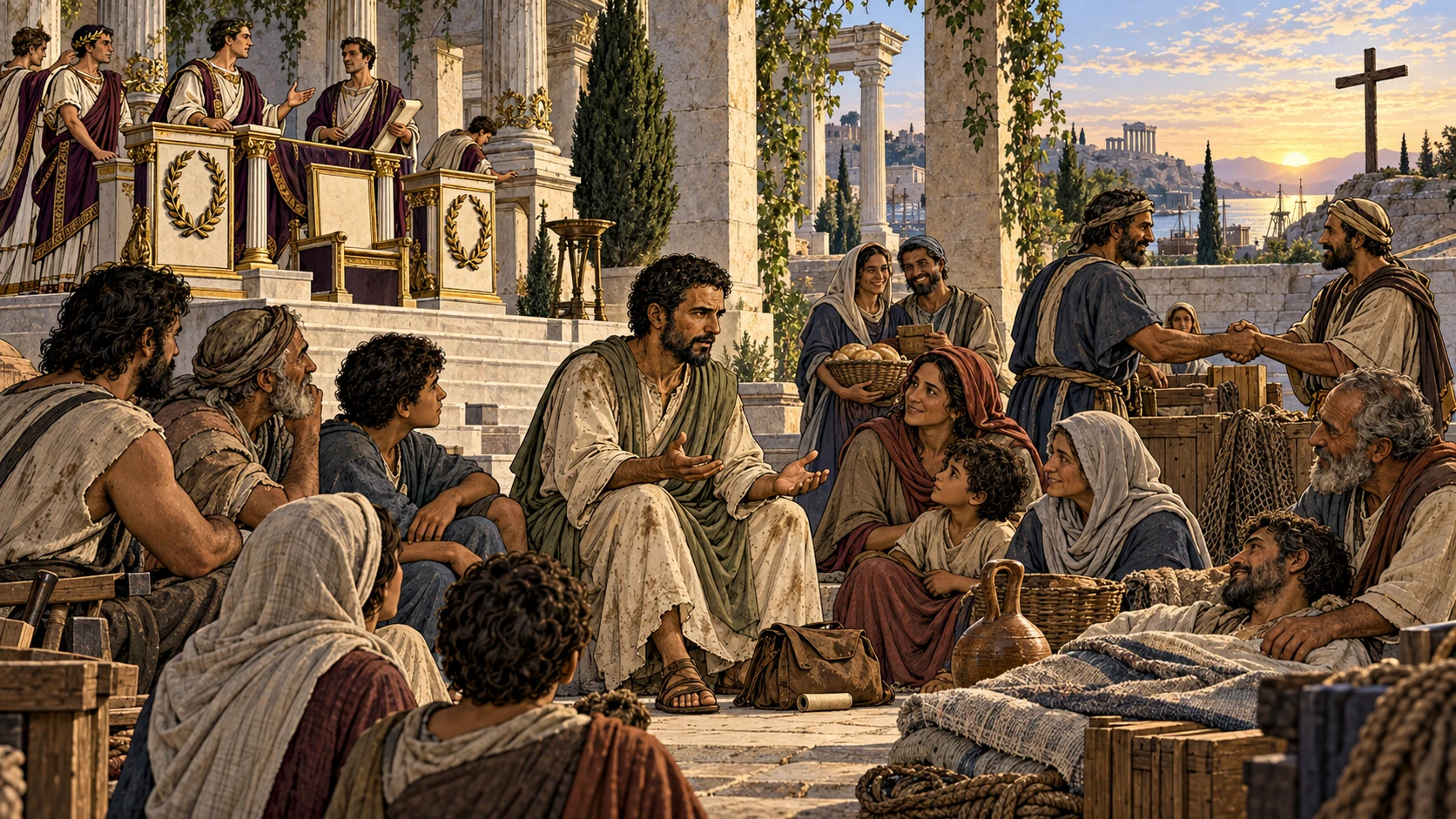 Paul sits travel-worn at ground level among a Corinthian community while an ornate speaking platform remains peripheral.