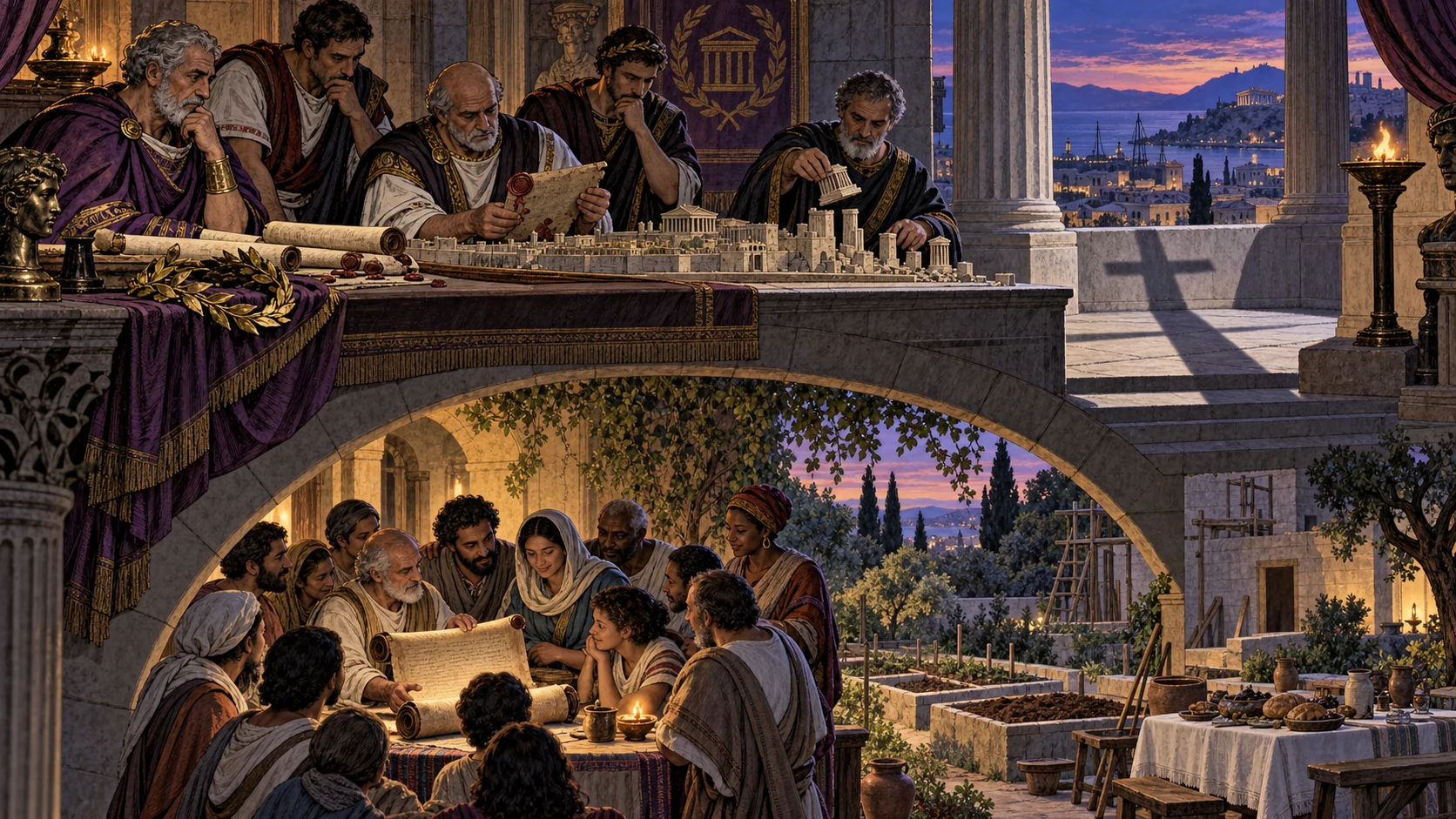 Rulers study fading civic systems above a mature community receiving prophetic Scripture in lamplight.