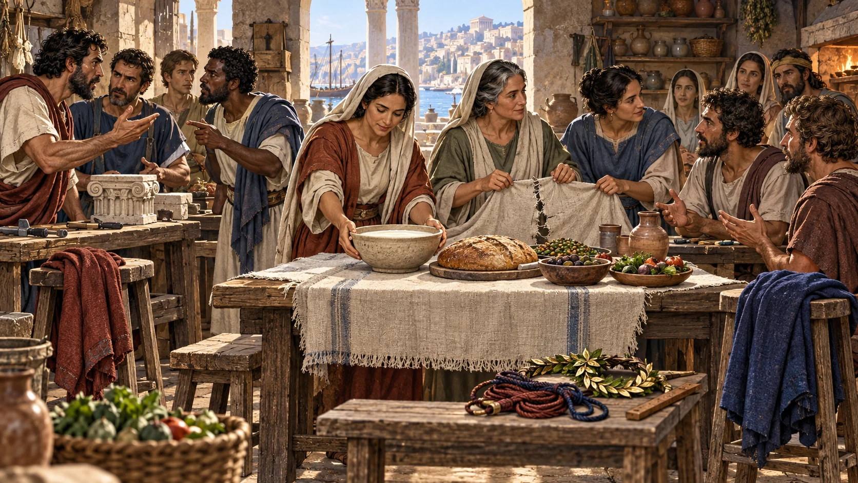 Adults in rival work groups confront jealousy around an unfinished shared meal and repair a torn serving cloth.
