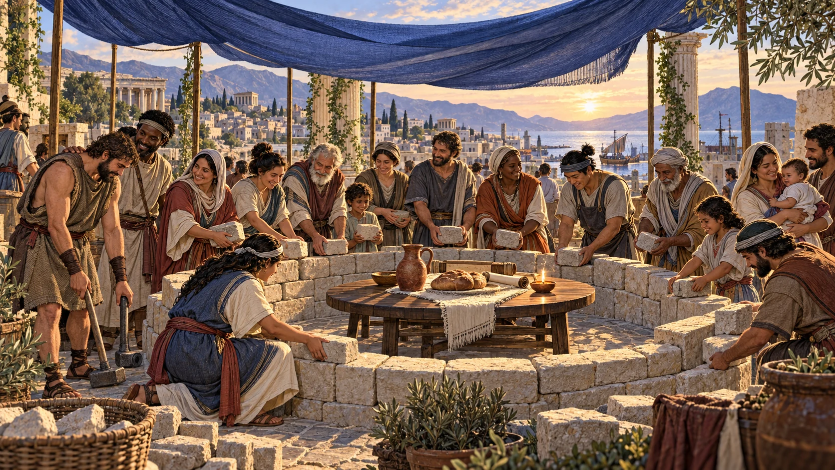 A diverse community places stones around one table beneath a shared indigo canopy.