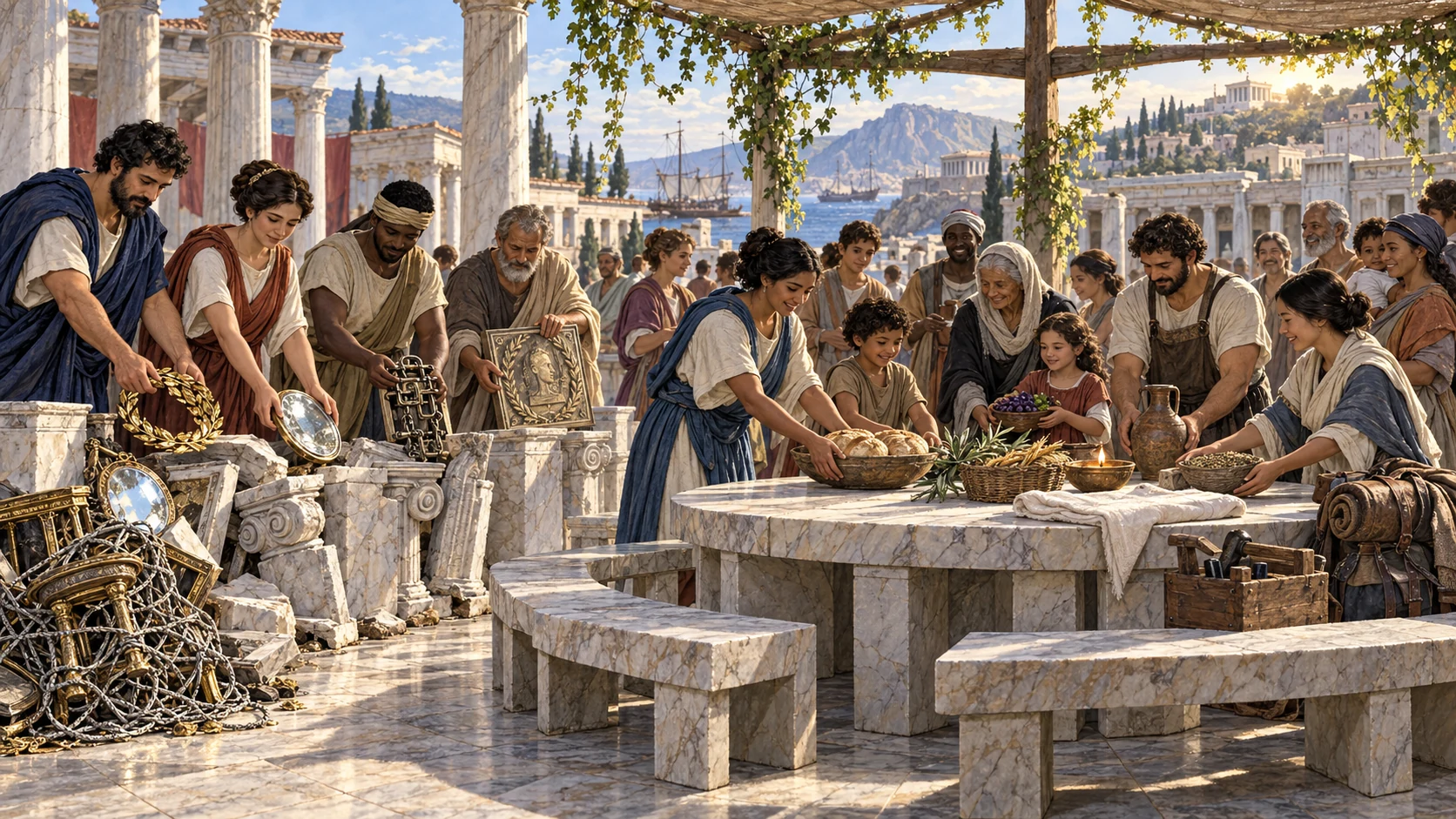 People dismantle status pedestals and create one shared table and benches for the whole community.