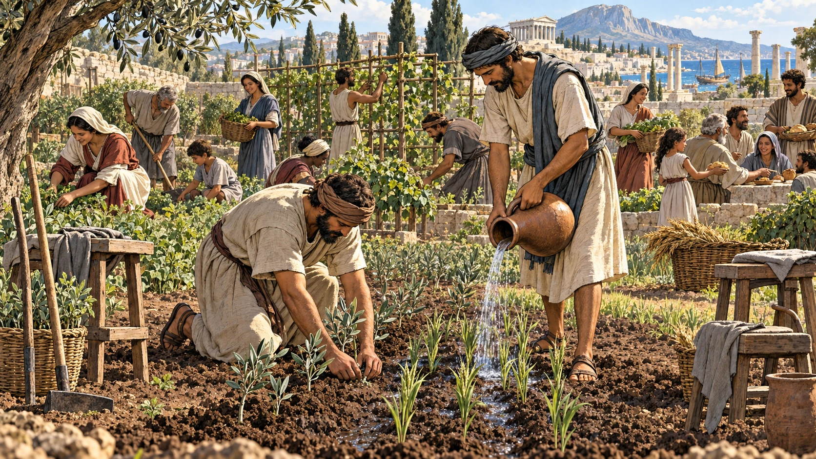 Two equal servants plant and water while the whole community tends one garden.