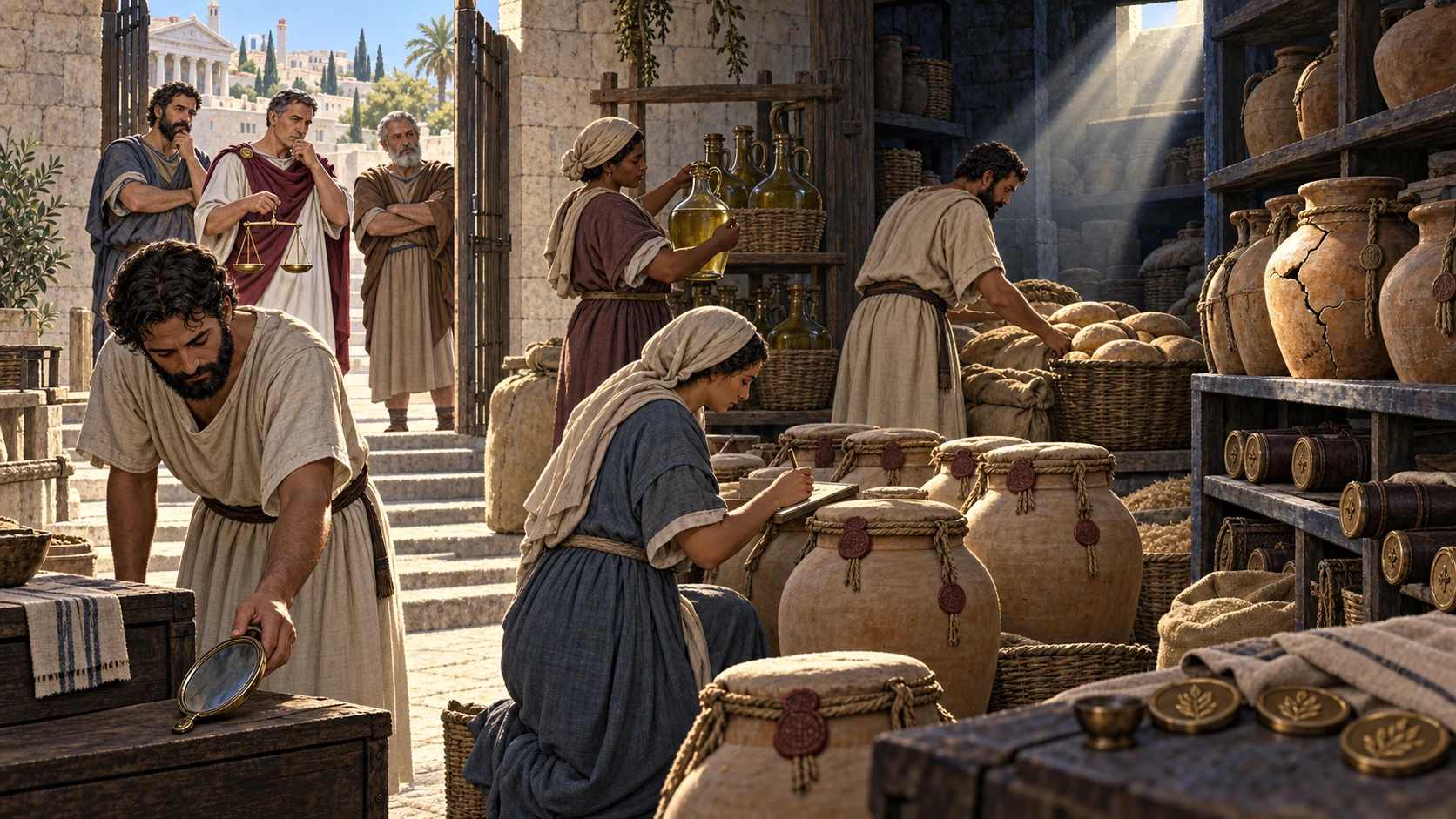 Women and men faithfully inventory entrusted stores while human examiners see only the surface and morning light reveals hidden repairs.