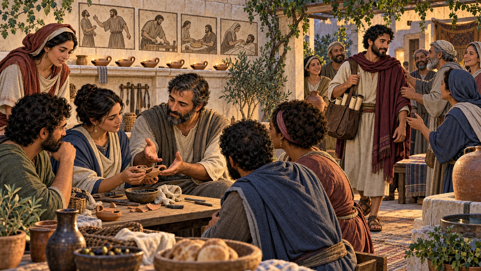 An adult mentor repairs a lamp with peers while Timothy arrives as a trusted coworker carrying unreadable teaching scrolls.
