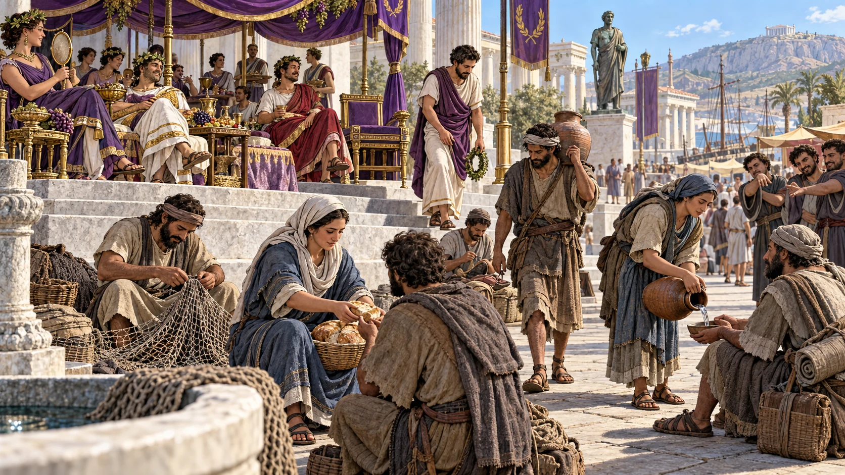 Travel-worn gospel workers mend nets, share bread, and bless contempt while festival patrons begin stepping down to join the labor.