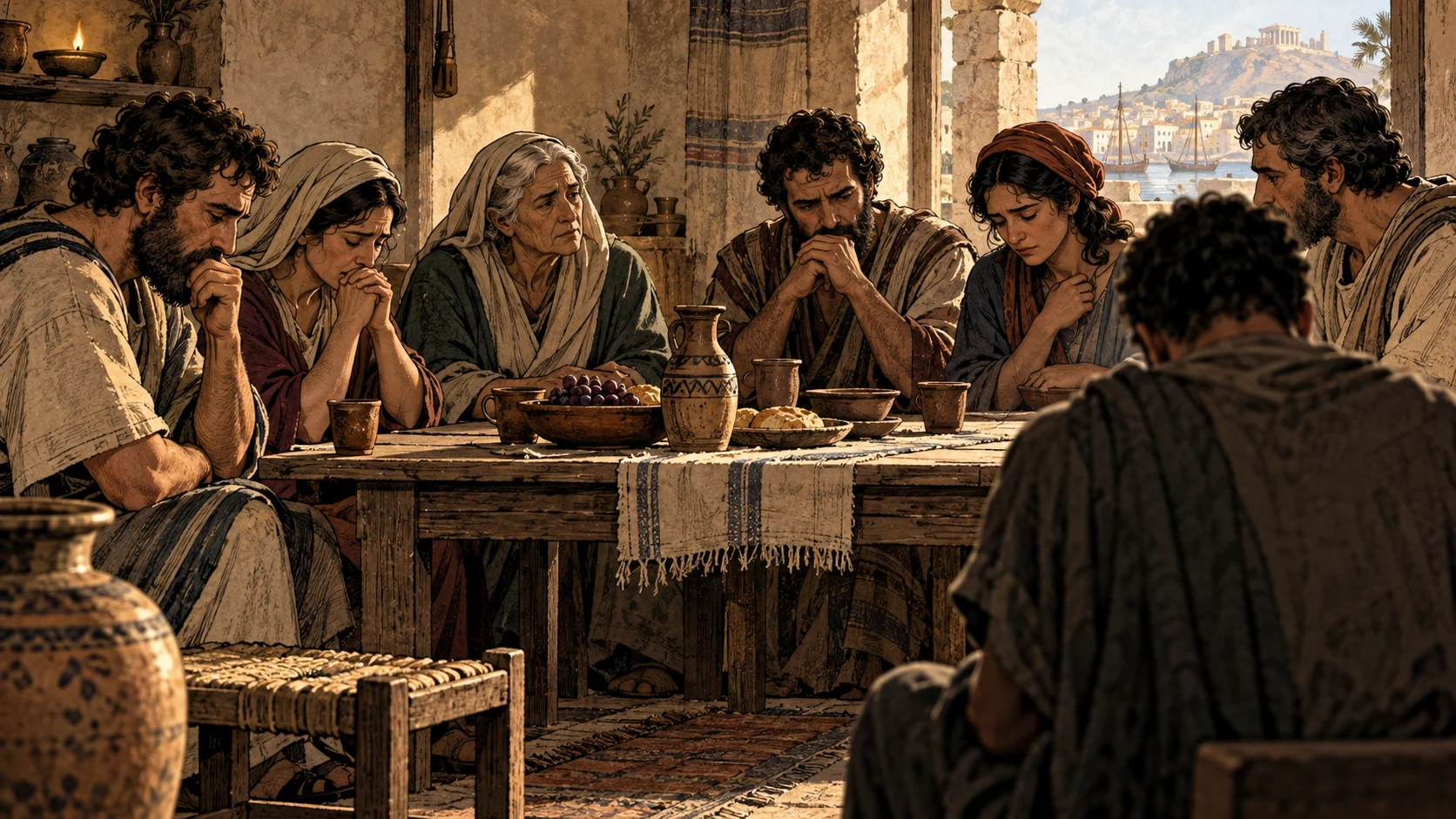 A sorrowful Corinthian house-church gathering sits around a table while one troubled member is seen only from behind.