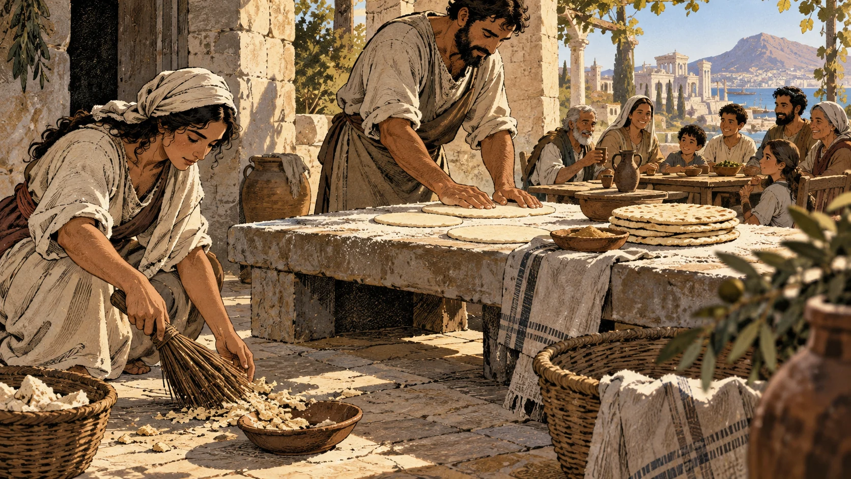 Believers sweep away old dough scraps and prepare fresh unleavened bread while a household gathers nearby.