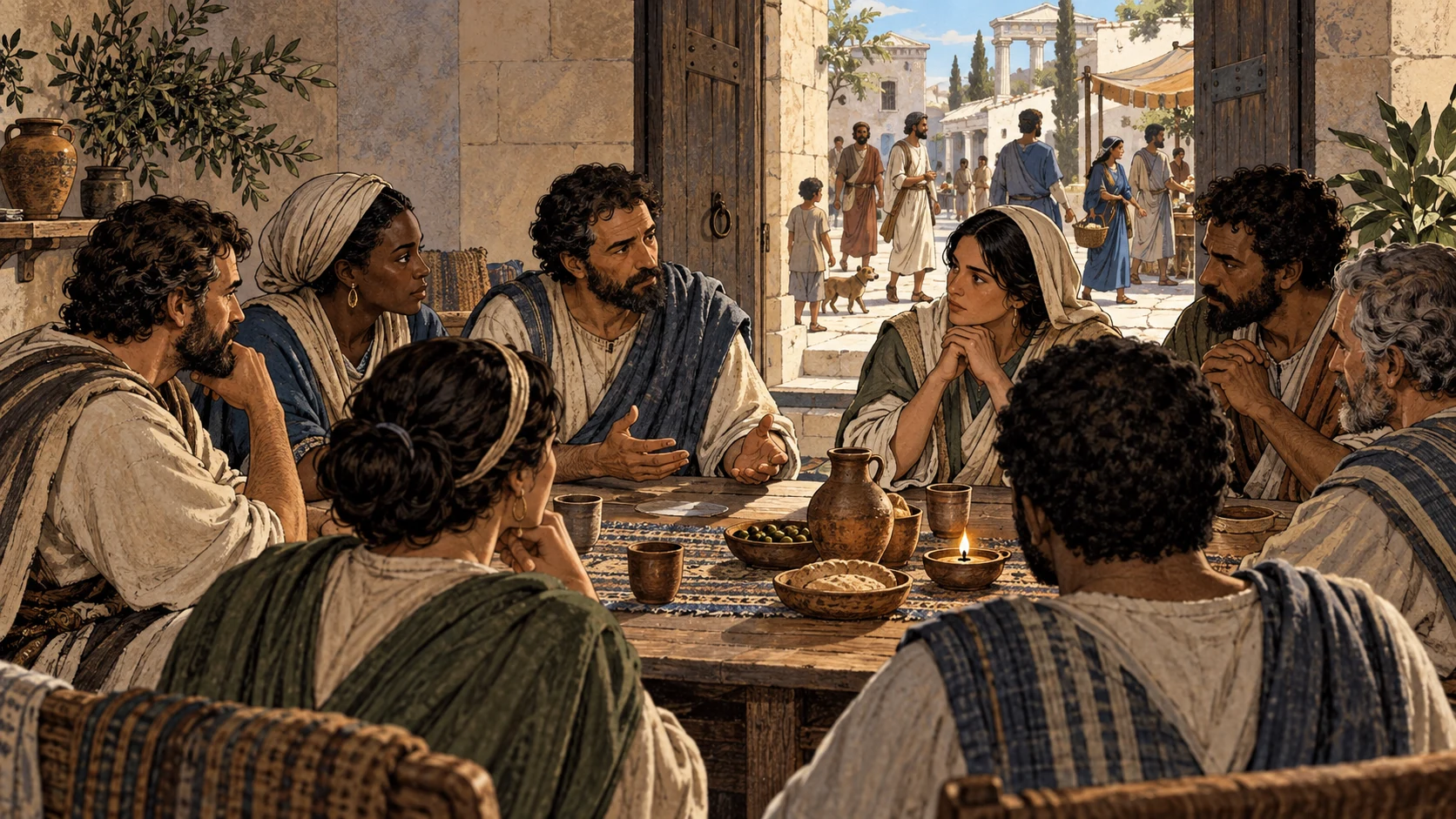 Believers discuss accountability around a table as ordinary neighbors pass peacefully outside the open doorway.