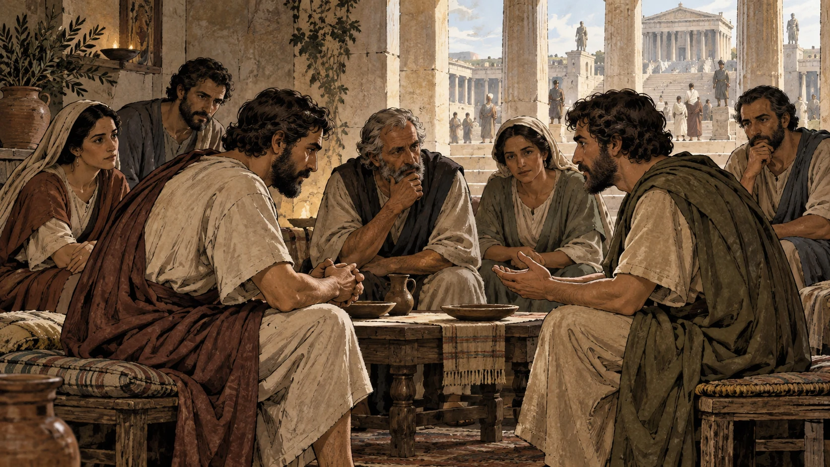 Two adult believers discuss a dispute face-to-face with trusted members of the Corinthian gathering; a civic tribunal is distant outside.