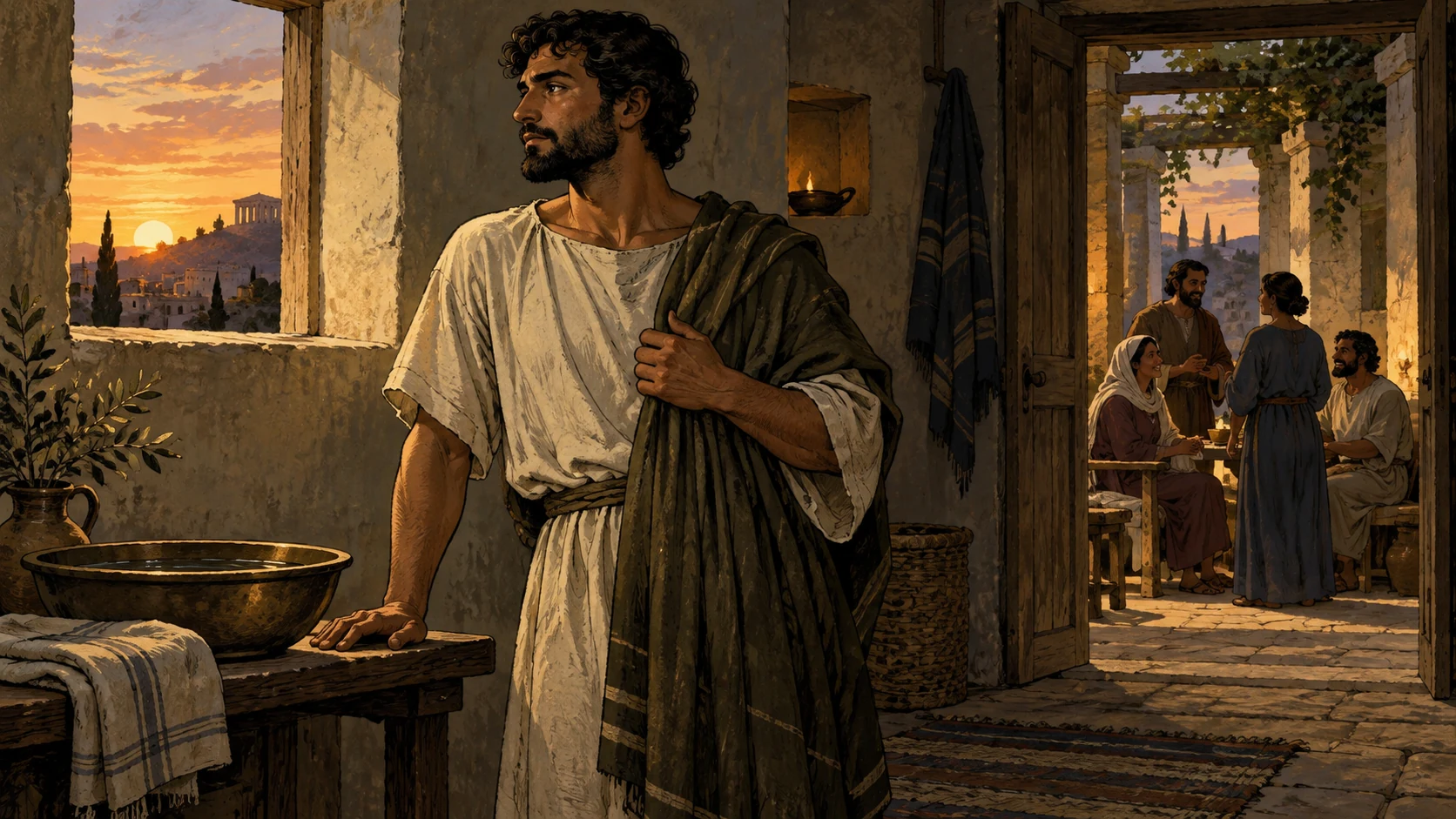 A clothed Corinthian believer pauses thoughtfully beside a wash basin while fellow believers gather through an open doorway.
