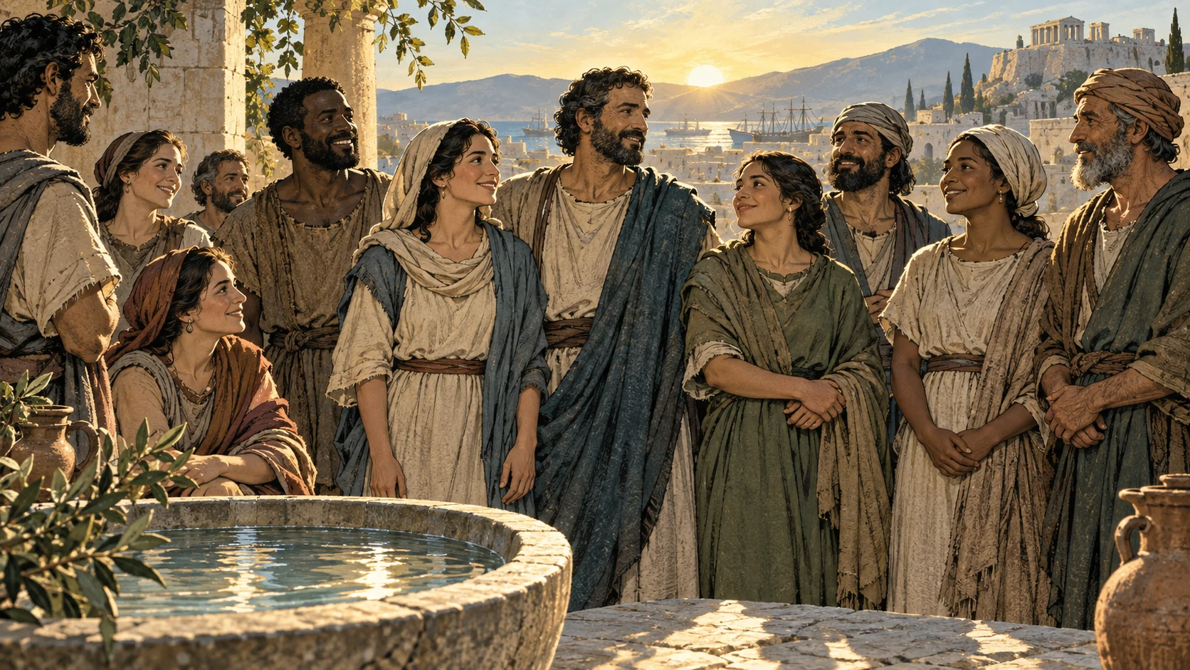 A diverse group of adult believers stands together at dawn near a shallow basin of water.