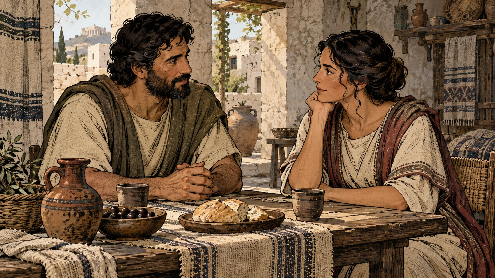 An adult Corinthian couple speaks attentively across a modest household table.