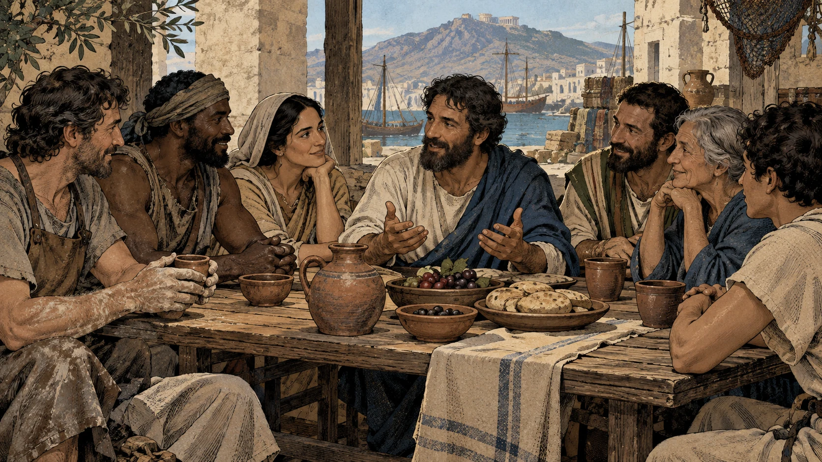 Adults of varied backgrounds share a meal in a Corinthian gathering.