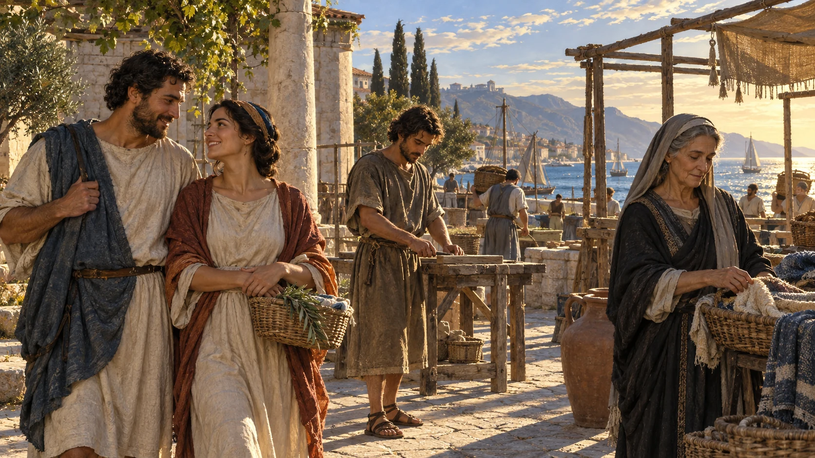 A married couple, an unmarried worker, and a widow go about ordinary life near a Corinthian harbor.