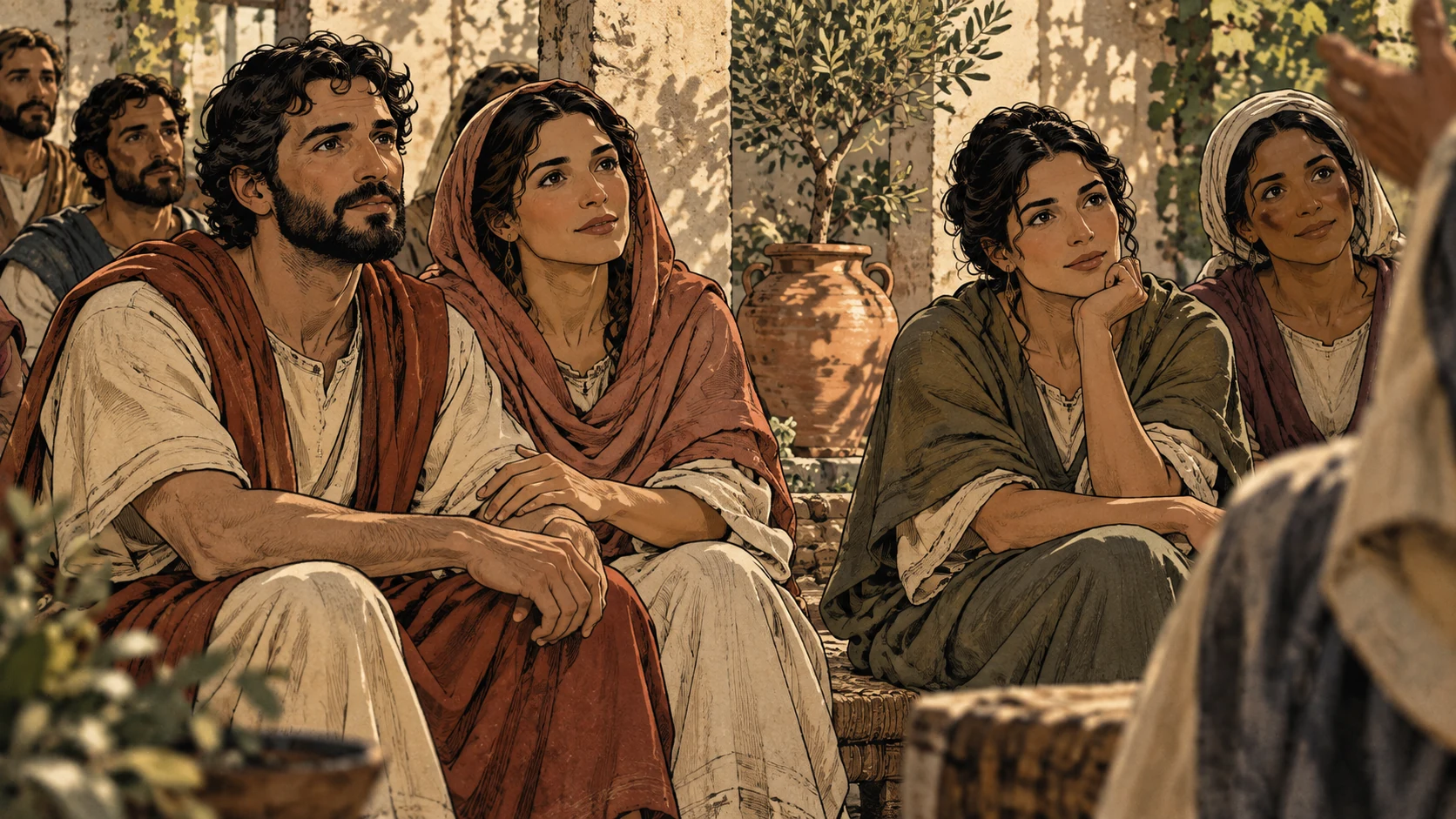 Adults listen together in a sunlit Corinthian courtyard.