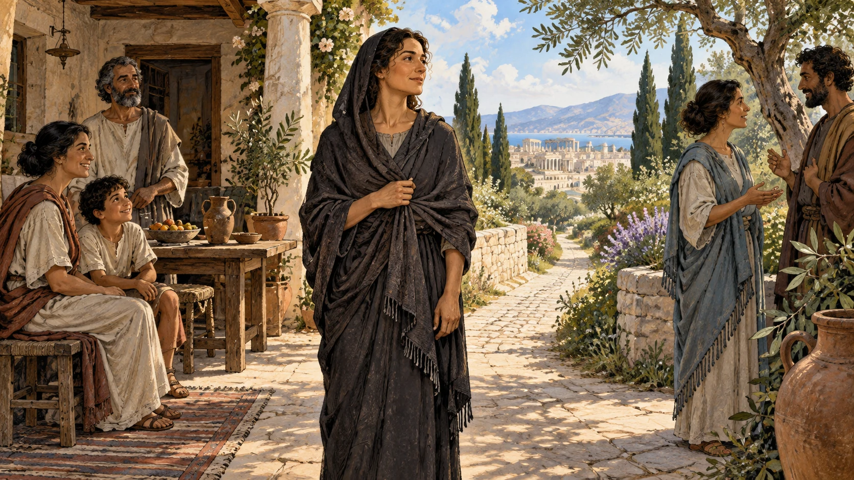 An adult widow pauses peacefully near a welcoming household and an open garden path.