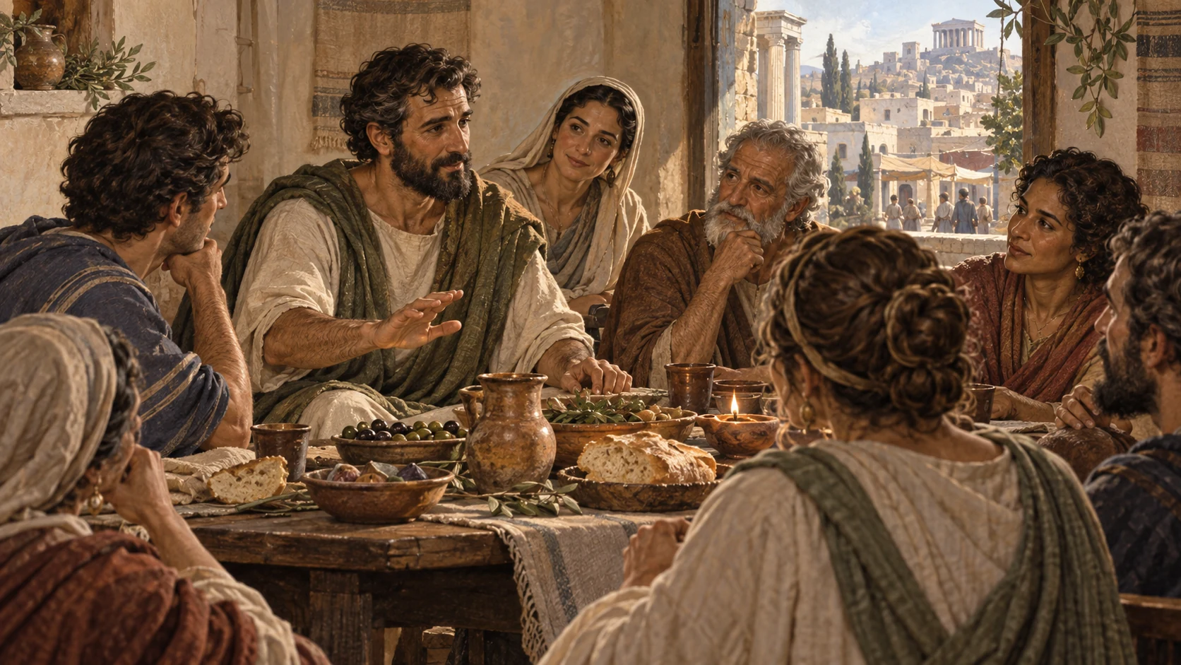 Believers listen to one another around a table.