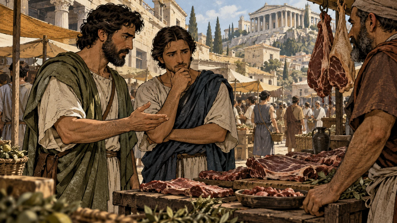 Two adults consider meat in a Corinthian market.
