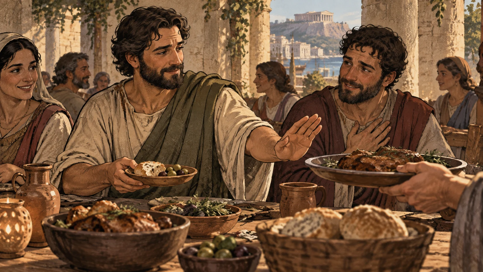 An adult graciously declines a platter at a shared meal.