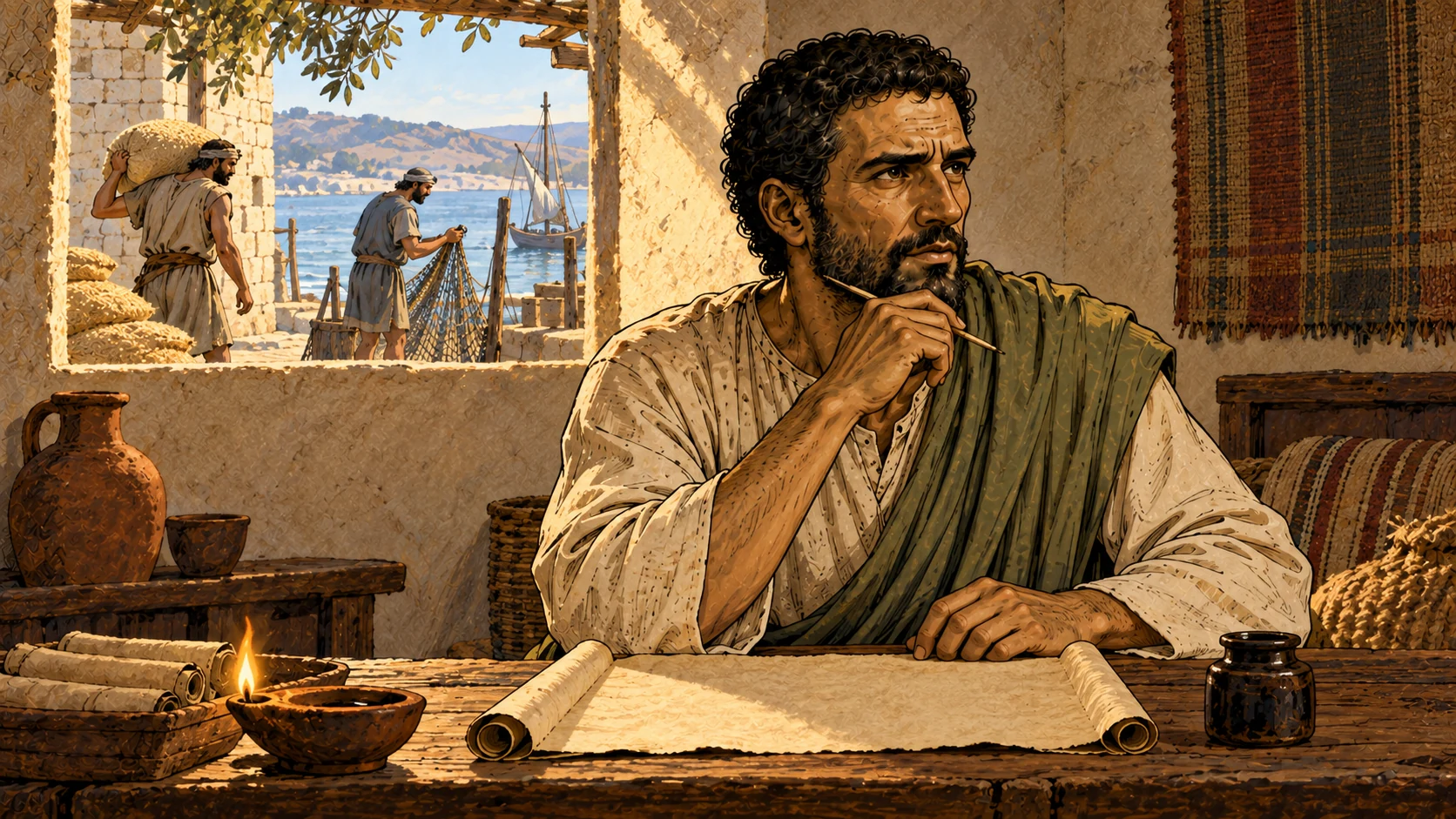 Paul considers ministry support while ordinary workers appear outside his window.