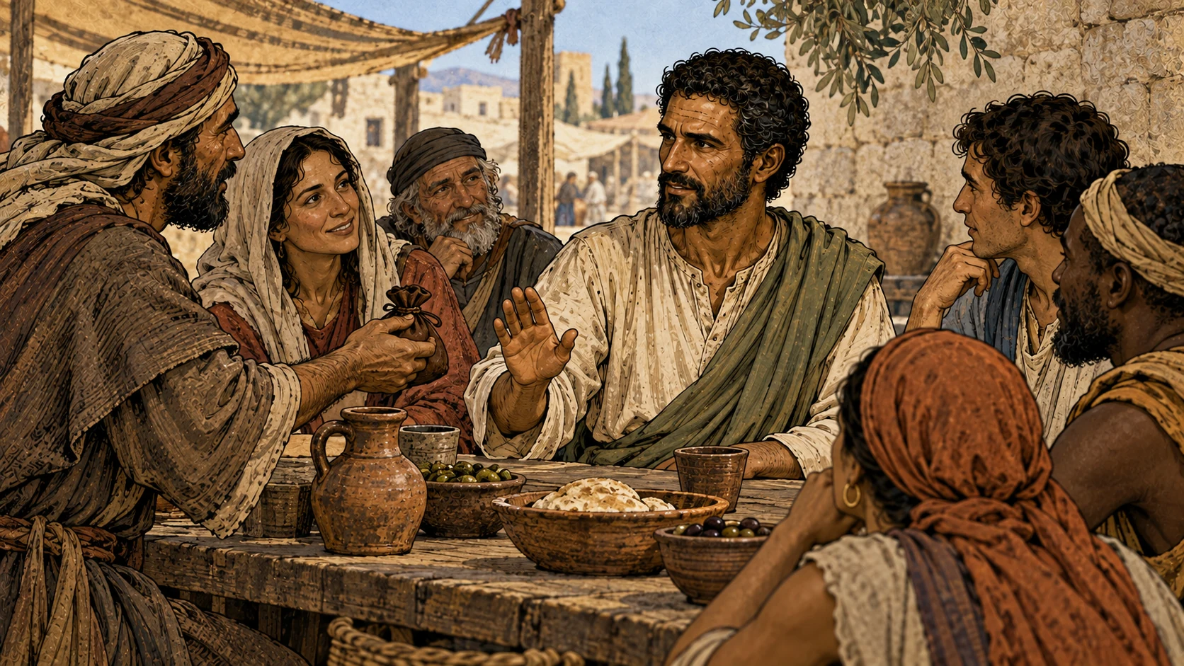 Paul listens at a shared table and declines a coin pouch.