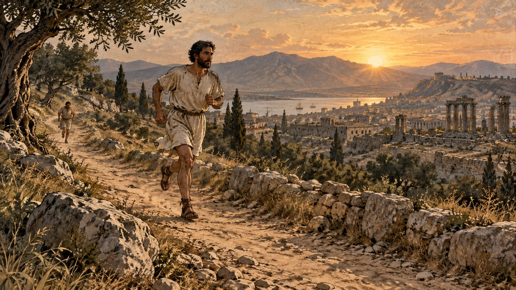 A runner trains on a rocky path at sunset.