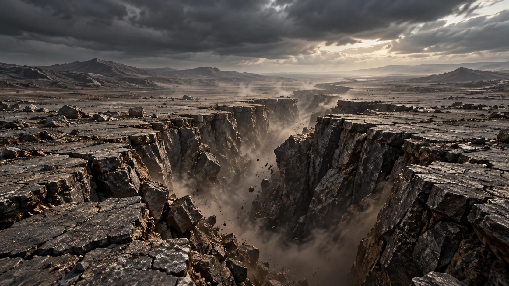 Empty rocky plain split by a deep fissure
