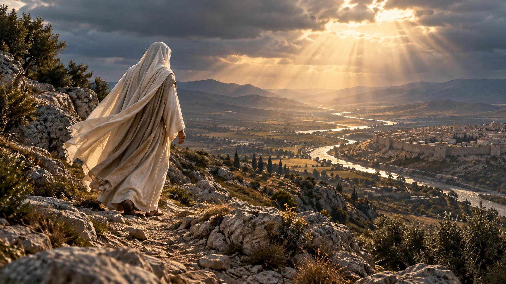 A pale-veiled presence begins a descent along an ordinary rocky ridge beneath natural cloud light.