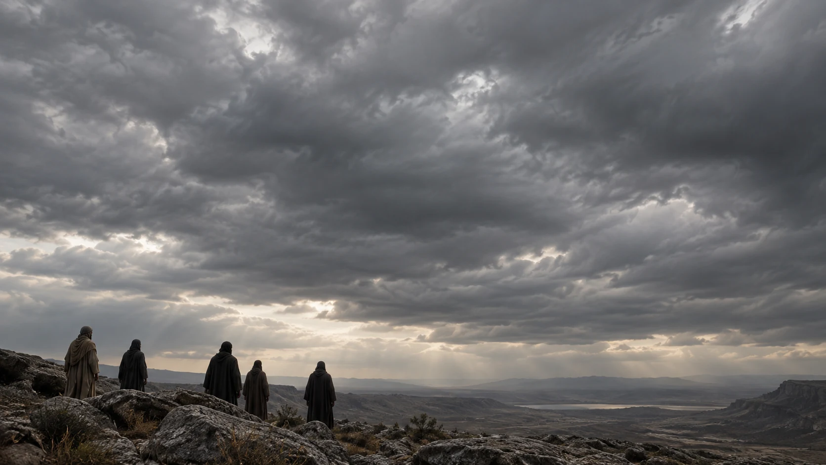 Small anonymous dark-clothed adult-scale forms stand beneath a vast subdued natural cloud horizon.