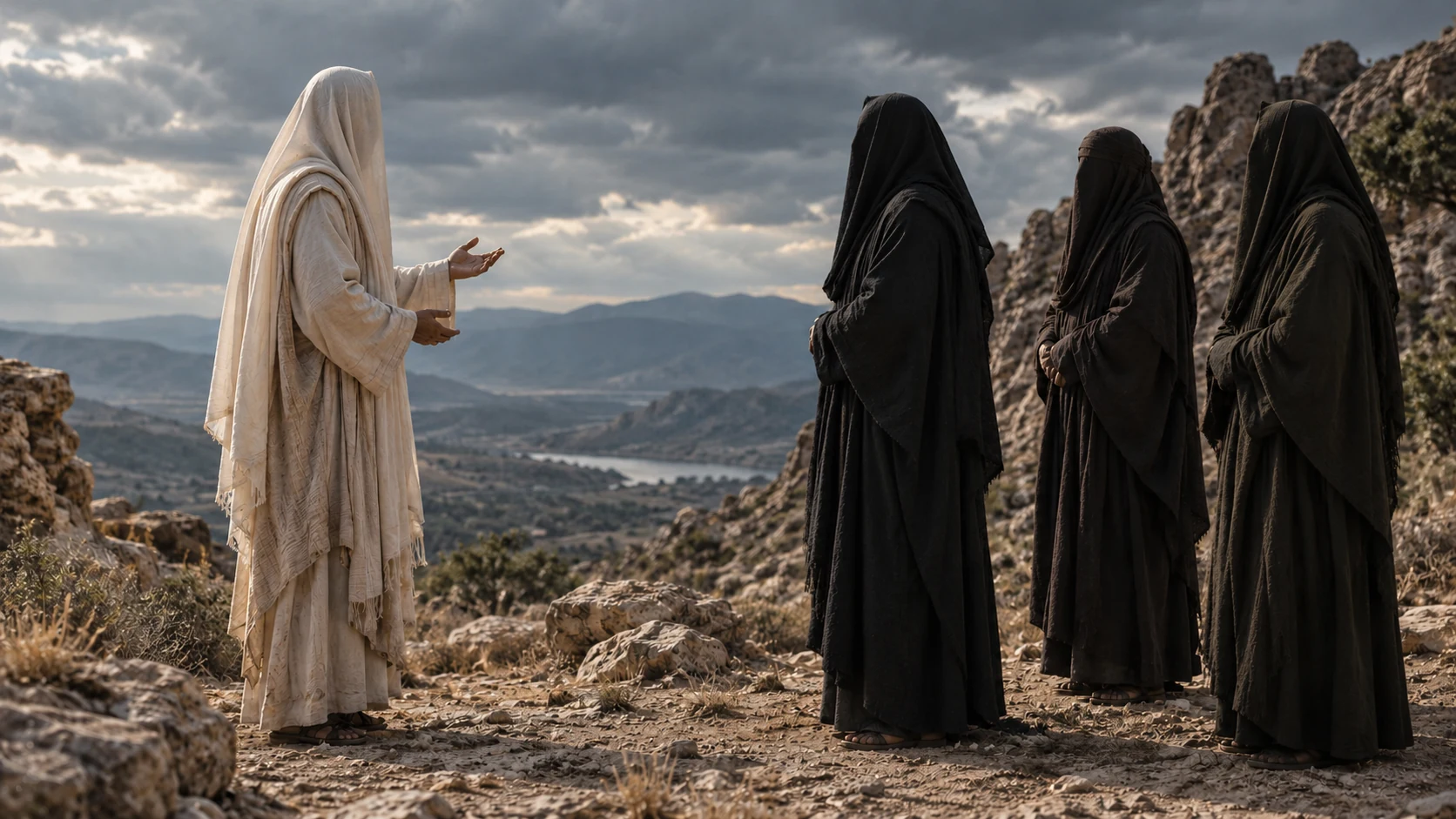 A pale-veiled form addresses three plain dark-veiled forms standing calmly with unrestrained empty hands.