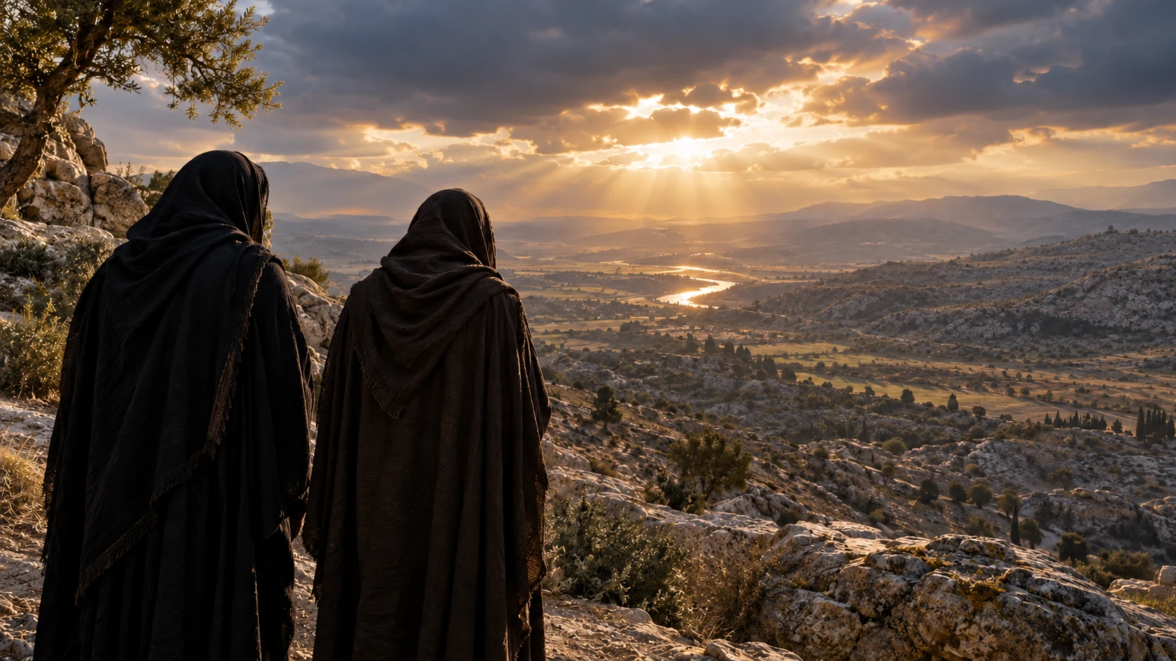 Two anonymous dark-cloaked forms seen from behind overlook empty natural land with lowered posture.