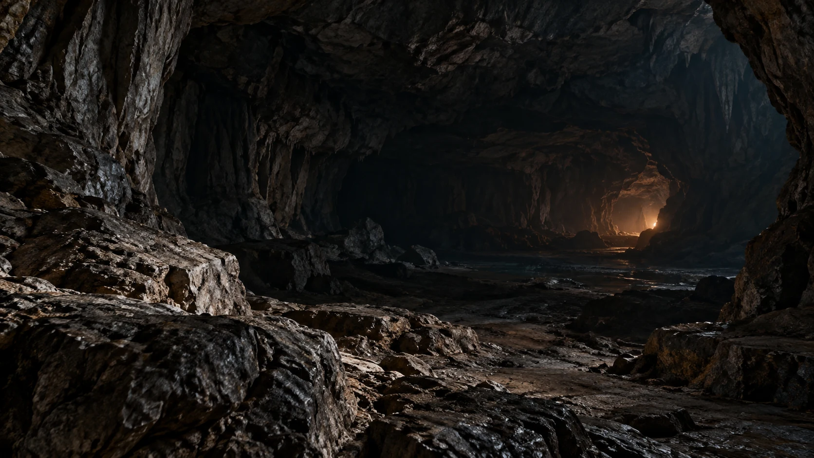 An empty natural cavern is seen horizontally toward a tiny warm glow far within.