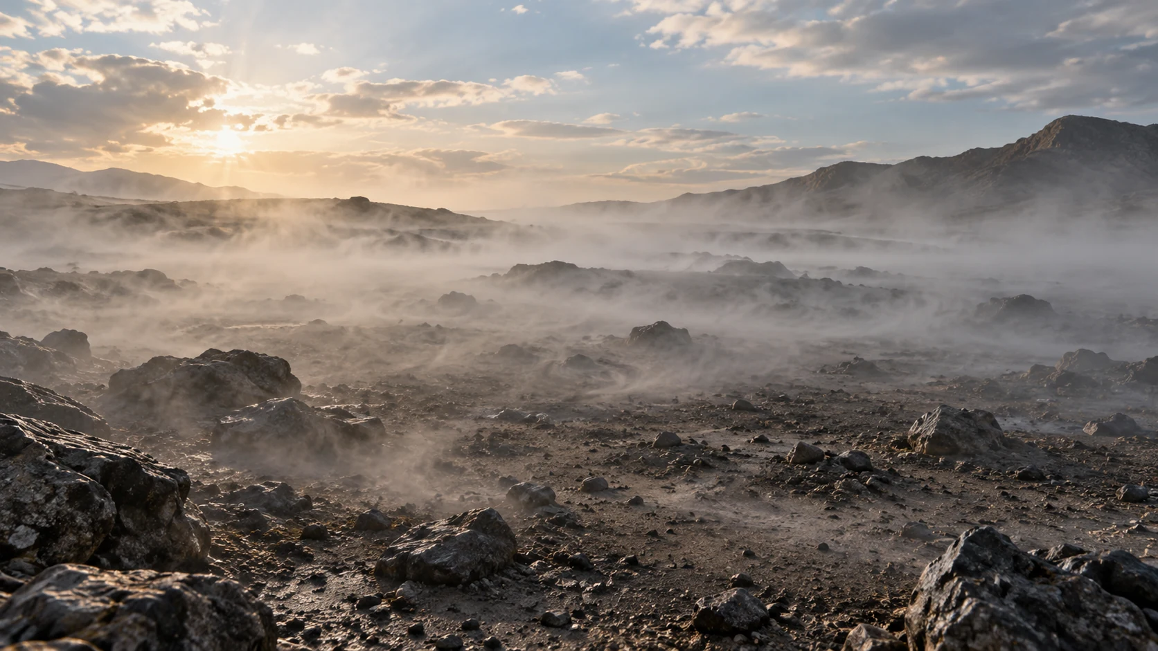 Ordinary thin gray mist dissipates over bare rocky earth in natural daylight.