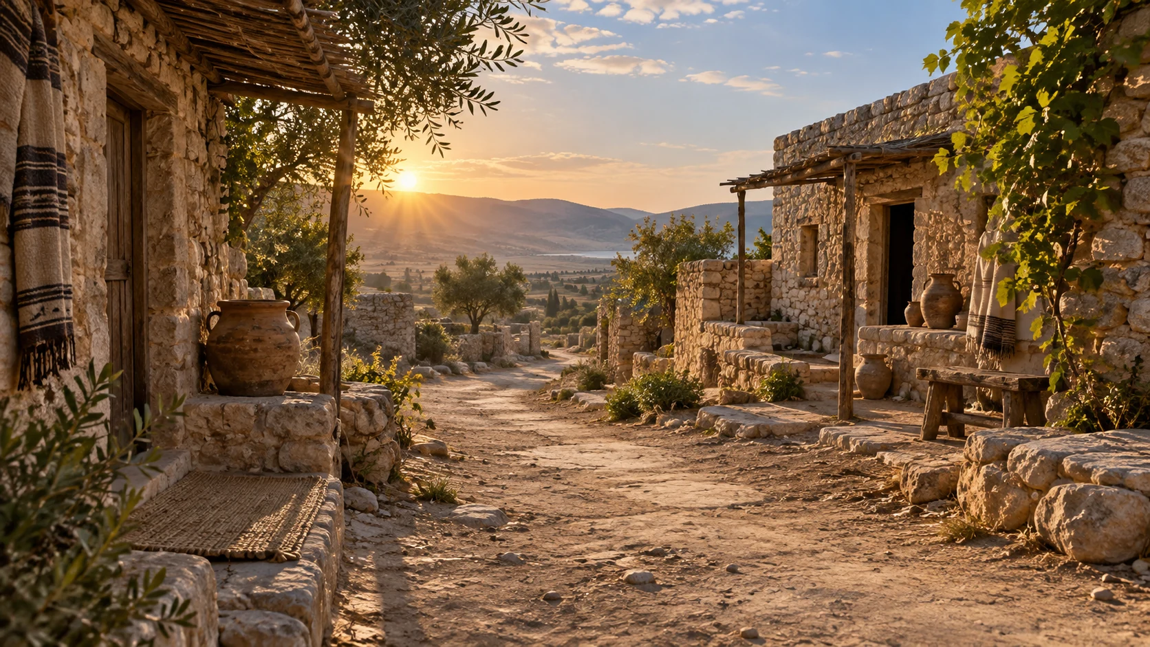 A clean empty dirt path runs between a few modest rough-stone shelters in ordinary dawn light.
