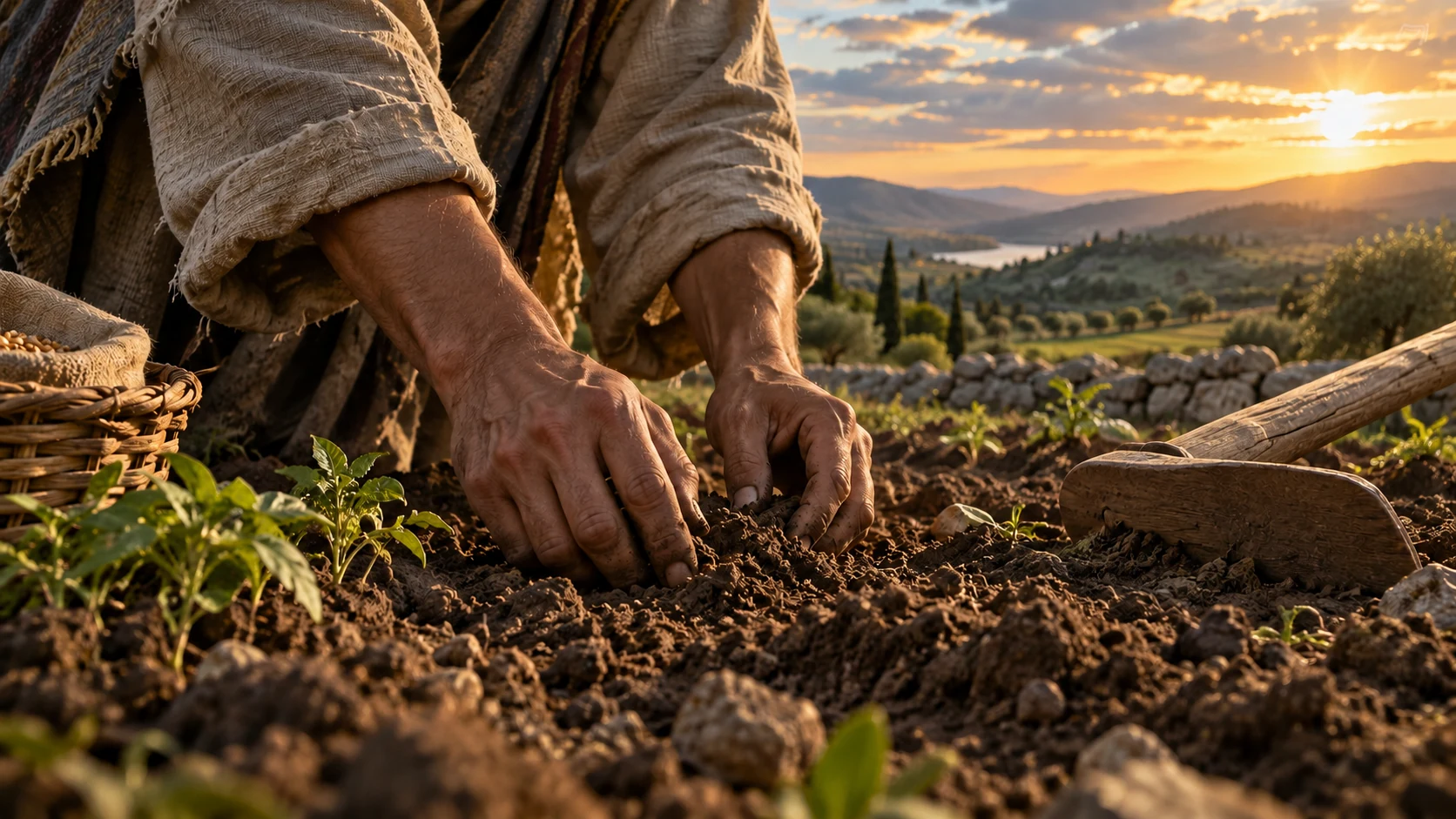 Ordinary adult hands work granular earth beside a simple resting wooden implement and basket.