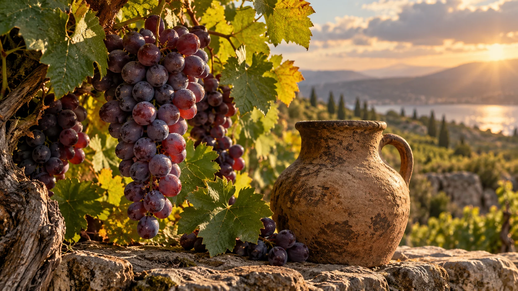 Ripe grape clusters and ordinary foliage stand near one rough unmarked clay vessel.