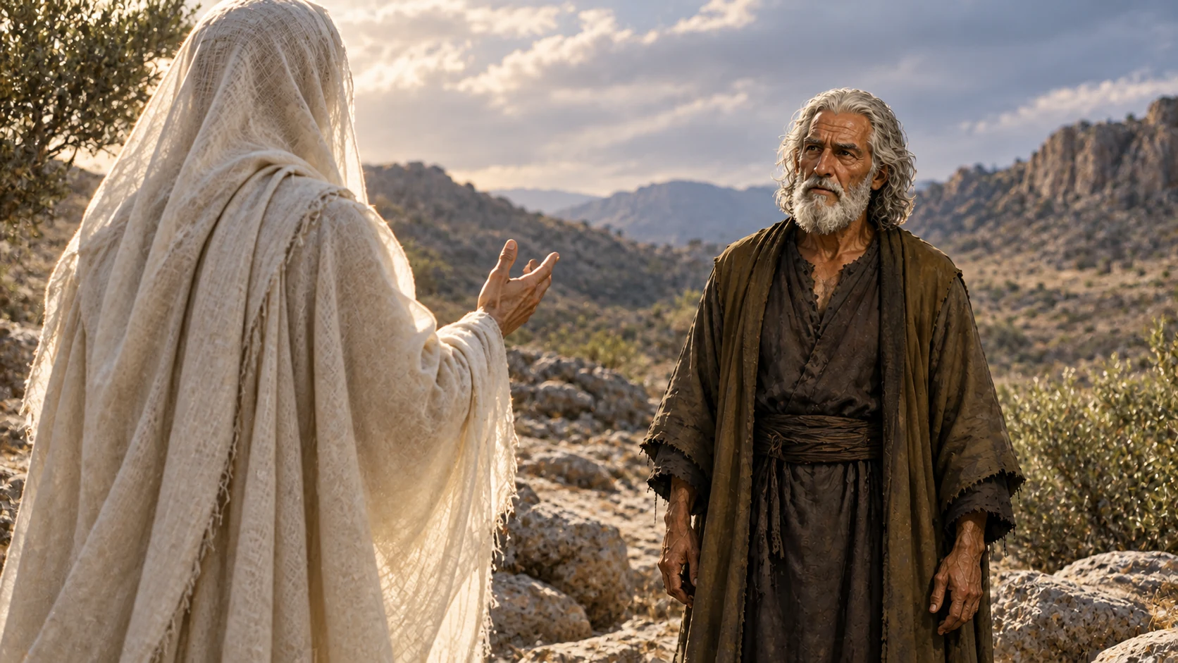 An anonymous pale-veiled presence addresses the continuity-rendered Noah with an empty hand.