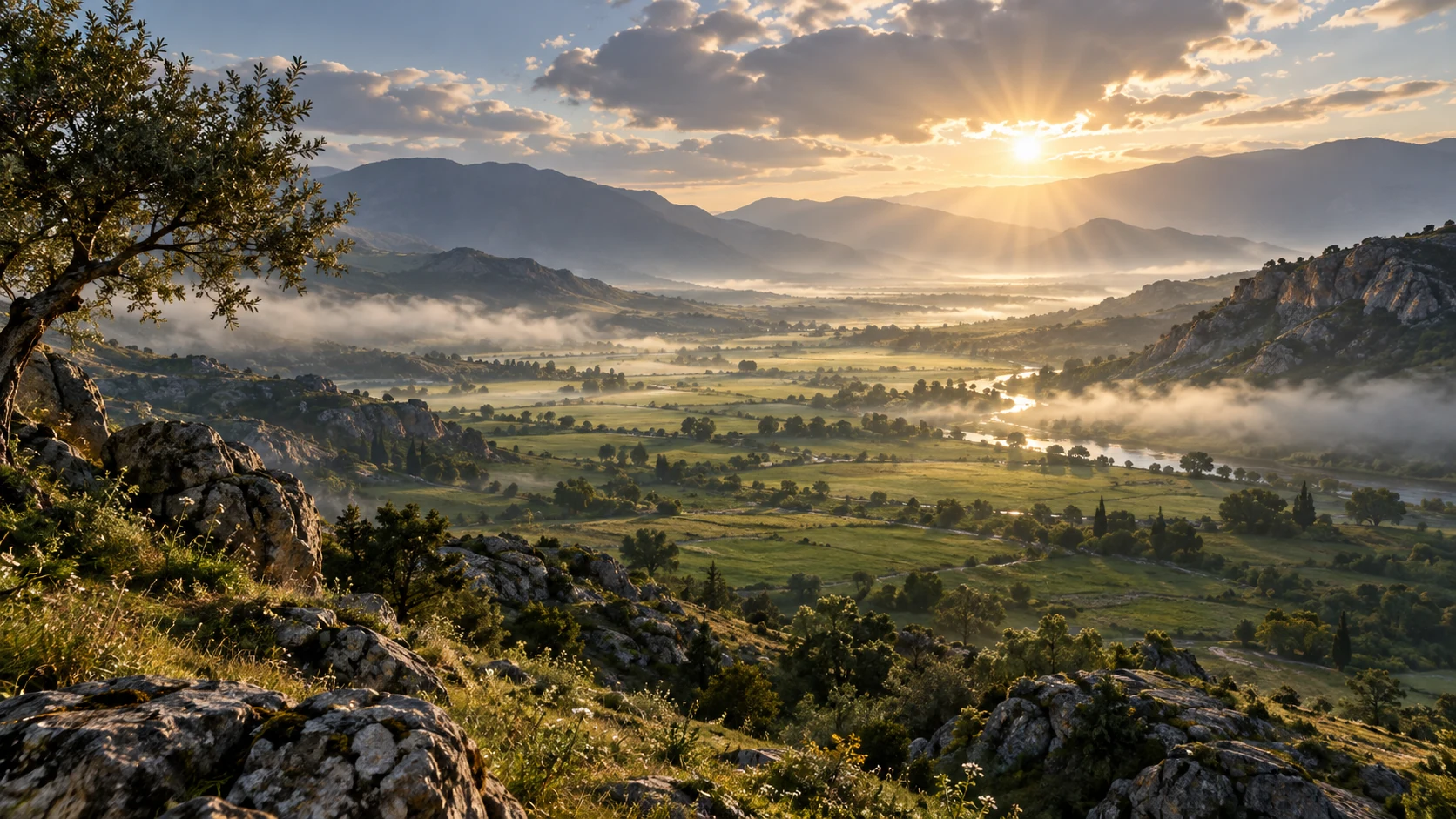 An open green valley lies beneath clearing natural light as ordinary thin mist lifts.