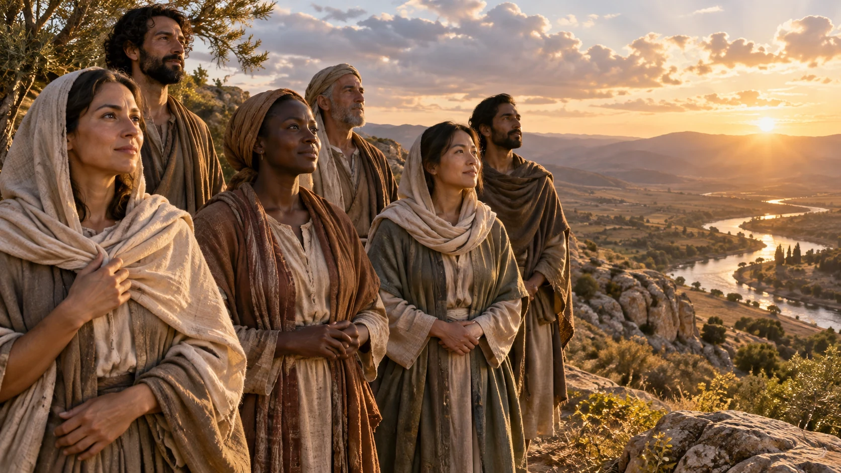 A representative group of ordinary clothed adults with varied appearances stands quietly on natural land.