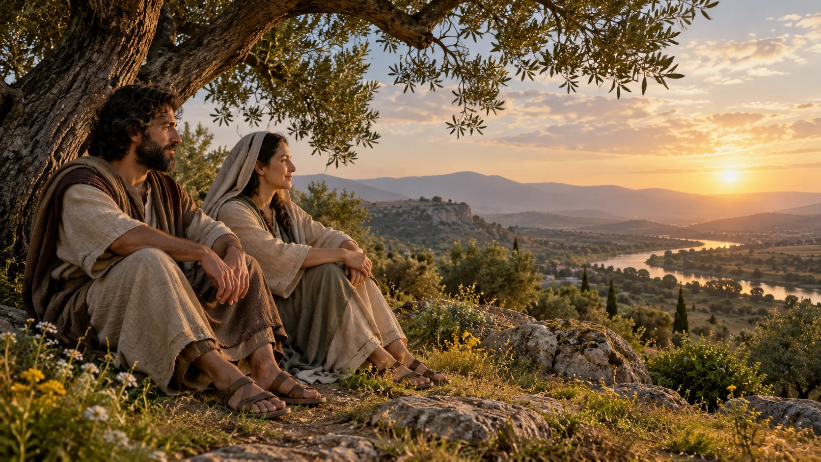 Two uninjured ordinary adults rest quietly beside natural green growth with relaxed empty hands.