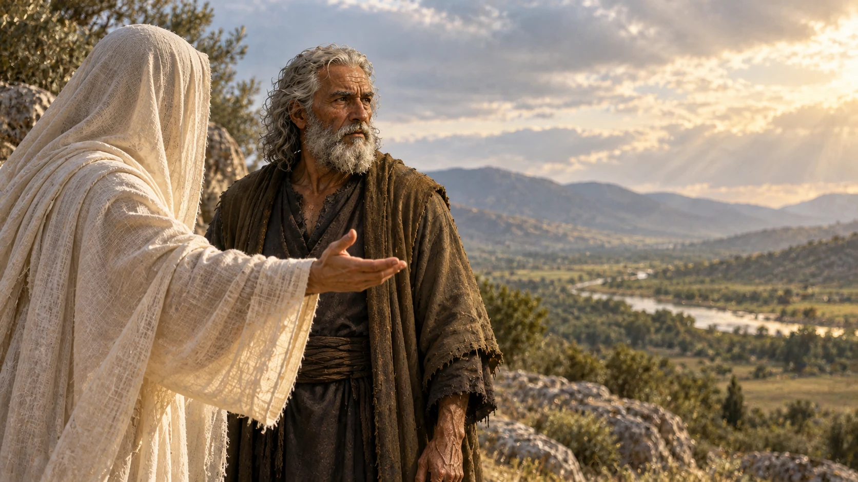 A pale-veiled presence gestures toward open land as the gray-haired Noah listens.