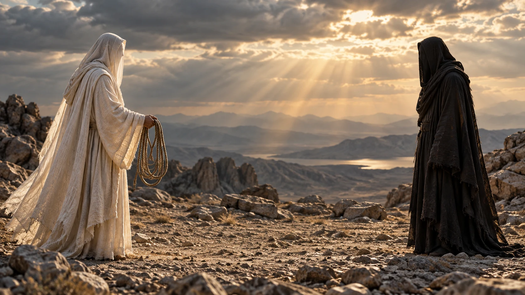 A pale-veiled form holds plain loose rope across an empty rocky clearing from a dark-veiled form.
