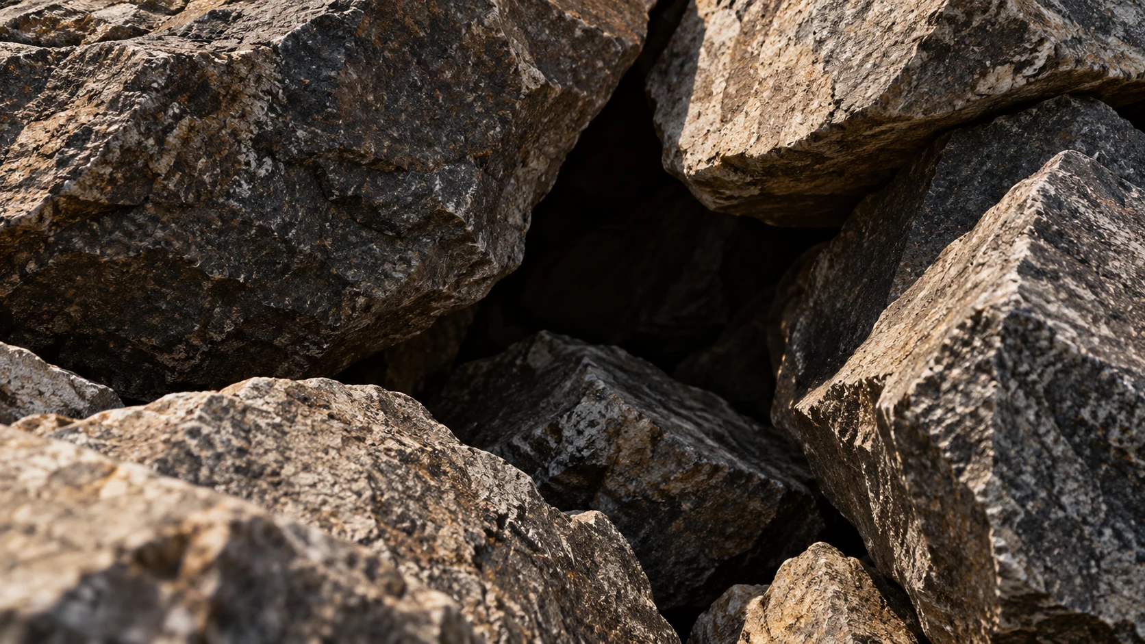 Rough angular stone edges surround deep ordinary shadows in a tight object study.