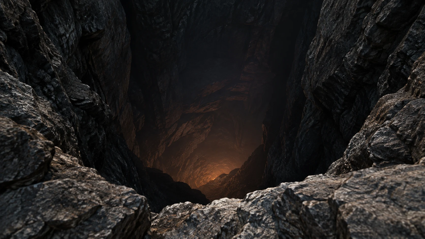 An empty rough rock aperture descends toward a small restrained warm glow.